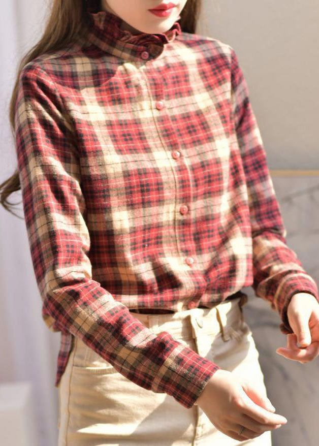 Women Red button Ruffled Stand Collar Plaid Shirt SpringFabric: Cotton BlendedSize & Fit: Fit: This garment fits true to size.Length: Size S measures 26.325"from shoulder to hemBust: Great for any cup size. Waist: Loose Fit. Comfortable room throughout midsection.Hip: Loose Fit - room for hips. Hand Wash Cold. Fall Shirt With Stand Collar And Buttons, Stand Collar Shirt With Buttons For Fall, Winter Cotton Blouse With Button Closure, Winter Cotton Blouse With Buttons, Red Button-up Shirt For Fall, Fall Tops With Stand Collar And Button Closure, Red Button Closure Blouse For Fall, Red Button Closure Shirt For Fall, Red Shirt With Button Closure For Fall