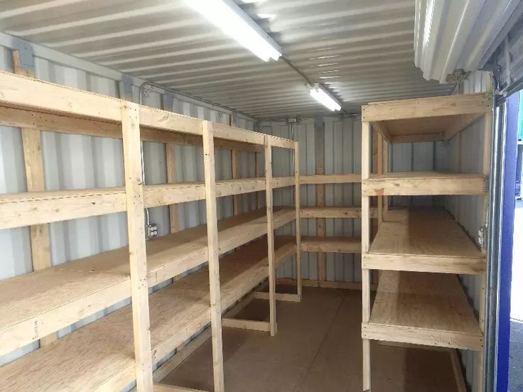 the inside of a storage room with shelves