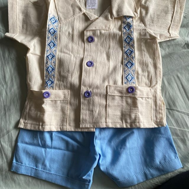 Mexican Baby Toddler Boy Guayabera Outfit Beige and Light Blue Shirt and Navy Blue Shorts Outfit Embroidered Handmade Different Sizes - Etsy Turkey Summer Light Blue Sets With Pockets, Traditional Light Blue Sets For Summer, Traditional Light Blue Summer Set, Blue Collared Sets With Pockets, Traditional Light Blue Set For Summer, Casual Embroidered Sets For Vacation, Traditional Blue Short Sleeve Set, Blue Collared Fitted Sets, Light Blue Summer Sets With Pockets