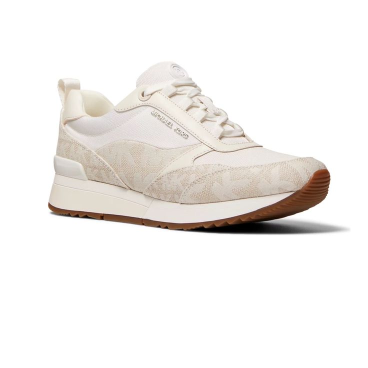 Bring On A Chic Appeal To Your Daily Training Sessions Wearing The Michael Michael Kors Allie Stride Trainers. Sleek Leather Upper. Breathable Textile Lining And Insole. Classic Lace-Up Closure. Round Toe Silhouette. Durable Rubber Outsole. Imported. Measurements: Heel Height: 1 14 In Weight: 13 Oz Platform Height: 34 In New With Box Elegant Synthetic Sneakers With Textured Sole, Elegant Low-top Sneakers With Textured Sole, Elegant White Sneakers With Rubber Sole, White Textile Sneakers With Removable Insole, Elegant White Sneakers With Textured Sole, White Sneakers With Textured Sole, Elegant White High-top Sneakers, Elegant Low-top Sneakers With Laces, Luxury White Sneakers With Removable Insole