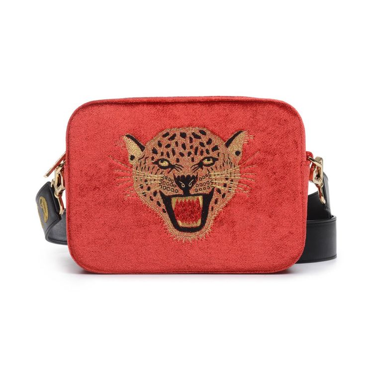 LEOPARD EMBROIDERED VELVET CROSSBODY BAG - Cmplt Unknwn Evening Bags With Embroidered Logo, Luxury Embroidered Logo Crossbody Bag, Designer Embroidered Gold Shoulder Bag, Designer Gold Embroidered Shoulder Bag, Luxury Embroidered Crossbody Bag, Mini Cross Body Bag, Leopard Face, Embroidered Velvet, Mini Cross