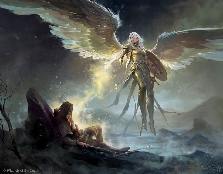 an angel sitting on top of a body of water next to another person with wings