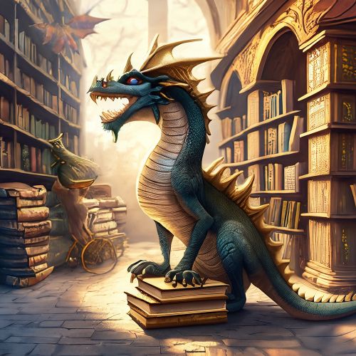 a dragon sitting on top of a pile of books in front of a bookcase