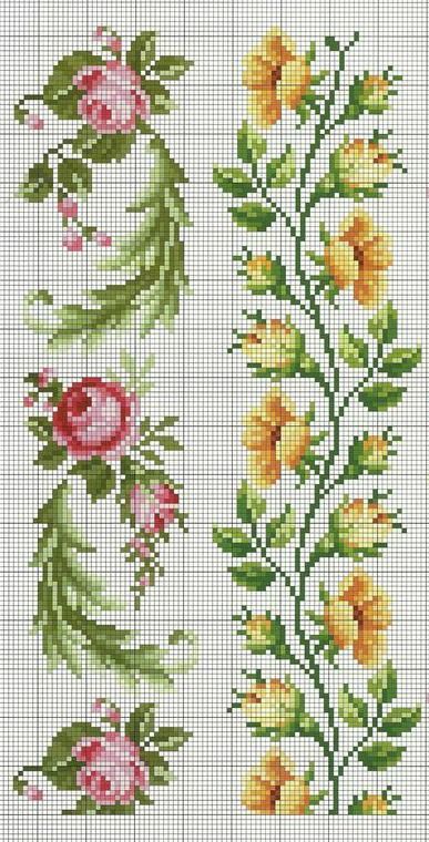 two cross stitch designs with flowers and leaves on the side, one is yellow and the other is pink