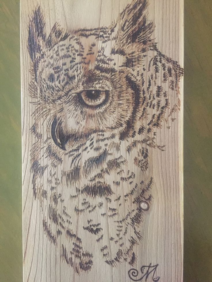 an owl is drawn on a piece of wood