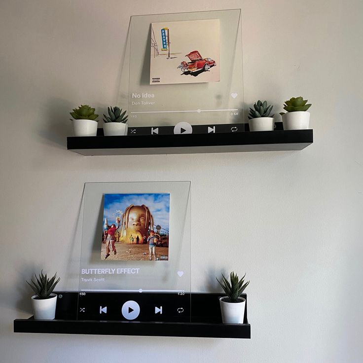 two black shelves with plants on top of them and an mp3 player in the middle