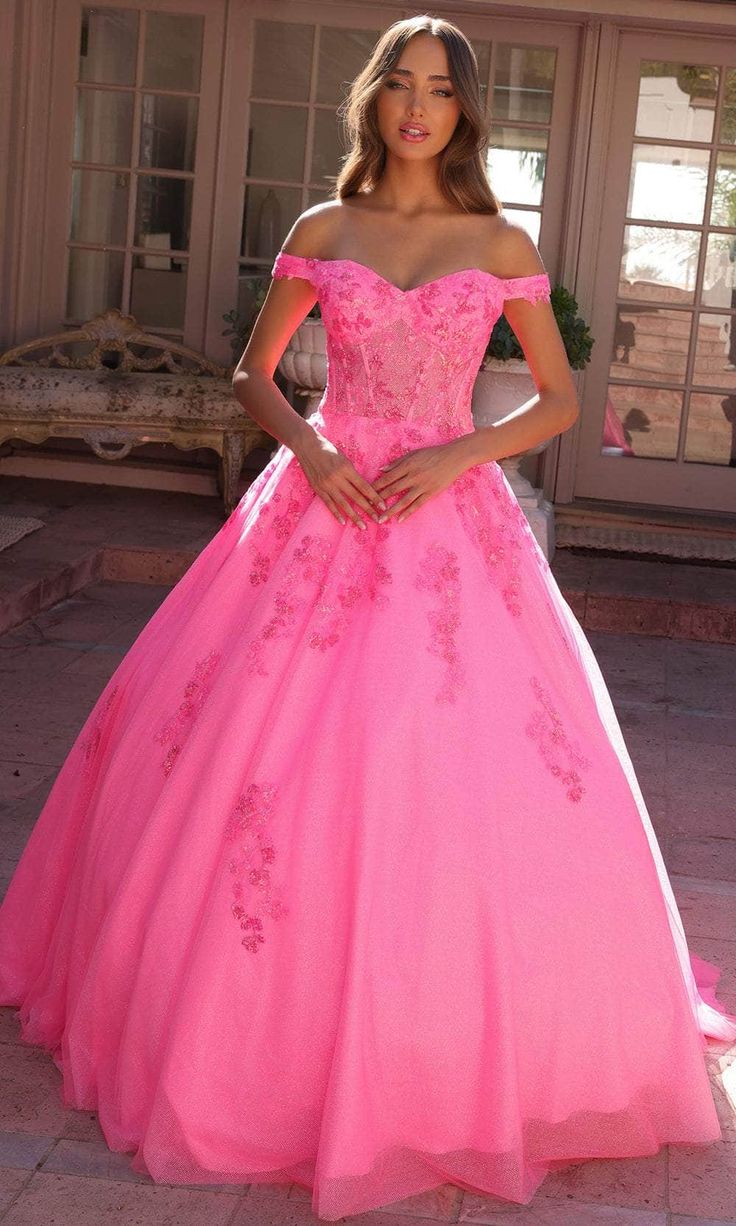 Nox Anabel H1352 - Off-Shoulder Floral Embroidered Ballgown Ball Gowns 4 / Hot Pink Bright Pink Wedding Dress, Sweet 16 Pink Dresses, Sweet 16 Dresses Pink, Prom Dresses Poofy, Hot Pink Wedding Dress, Pink Sweet 16 Dresses, Pink Sweet 16 Dress, Poofy Prom Dresses, Poofy Dresses