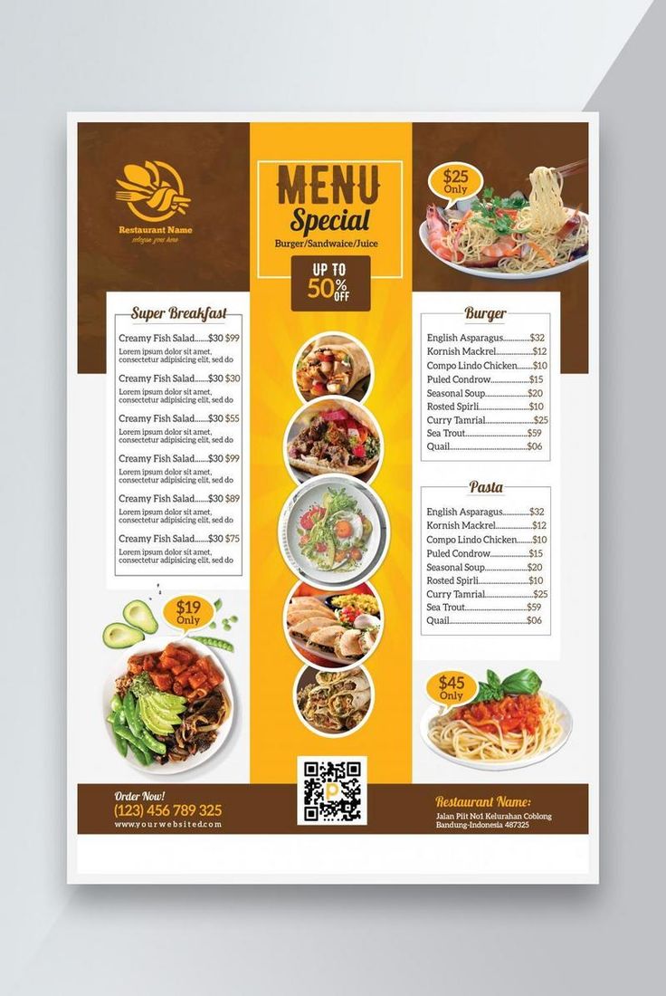 a restaurant menu is shown with an orange background and brown trimmings on the side