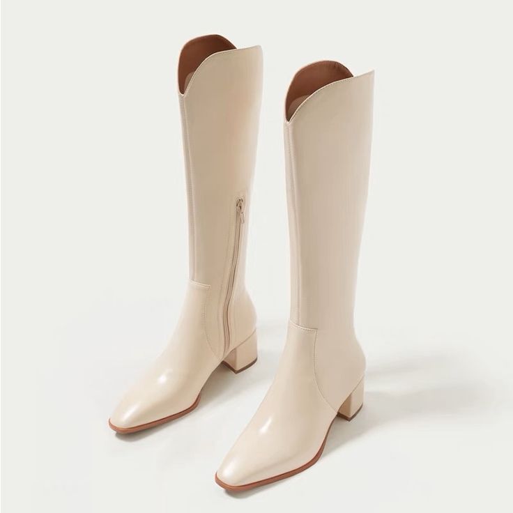 Offwhite Real Leather Women Boot - New/Never Worn Casual White Boots With Low Heel, Casual White Low Heel Boots, Cream Boots For Office In Fall, White Wide Calf Boots With Block Heel, White Round Toe Boots For Office, White Knee-high Boots For Work, White Knee-high Workwear Boots, White Knee-high Work Boots, White Square Toe Winter Boots