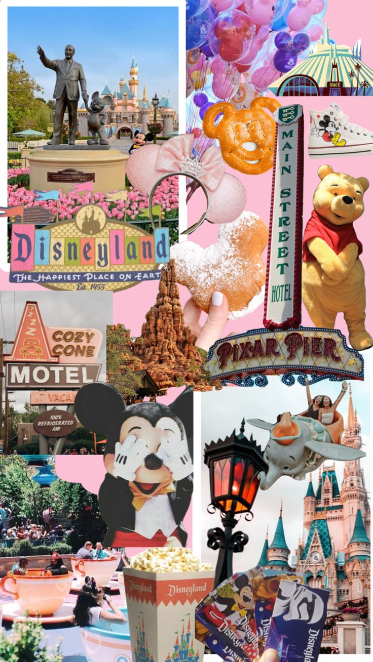 the collage shows many different things that have been made into an advertisement for disneyland