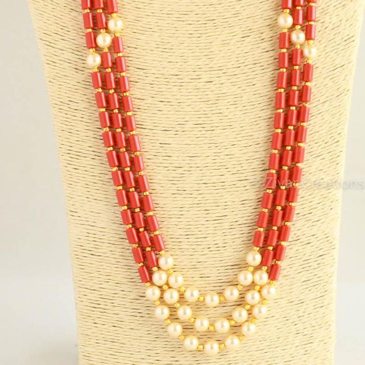 Long Coral Colour Beads And Pearl Necklace indian jewellery | Etsy Pagadalu Chains, Coral Beads Jewellery, Pearl Necklace Indian Jewelry, Red Coral Jewellery, Coral Colour, Silver Bridal Earrings, Coral Beads Necklace, Pearl Necklace Designs, Beaded Necklace Designs