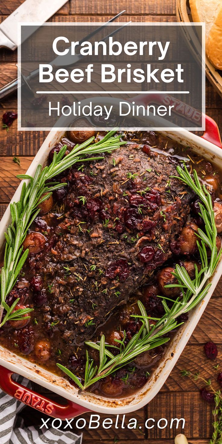 cranberry beef brisket in a holiday dinner casserole