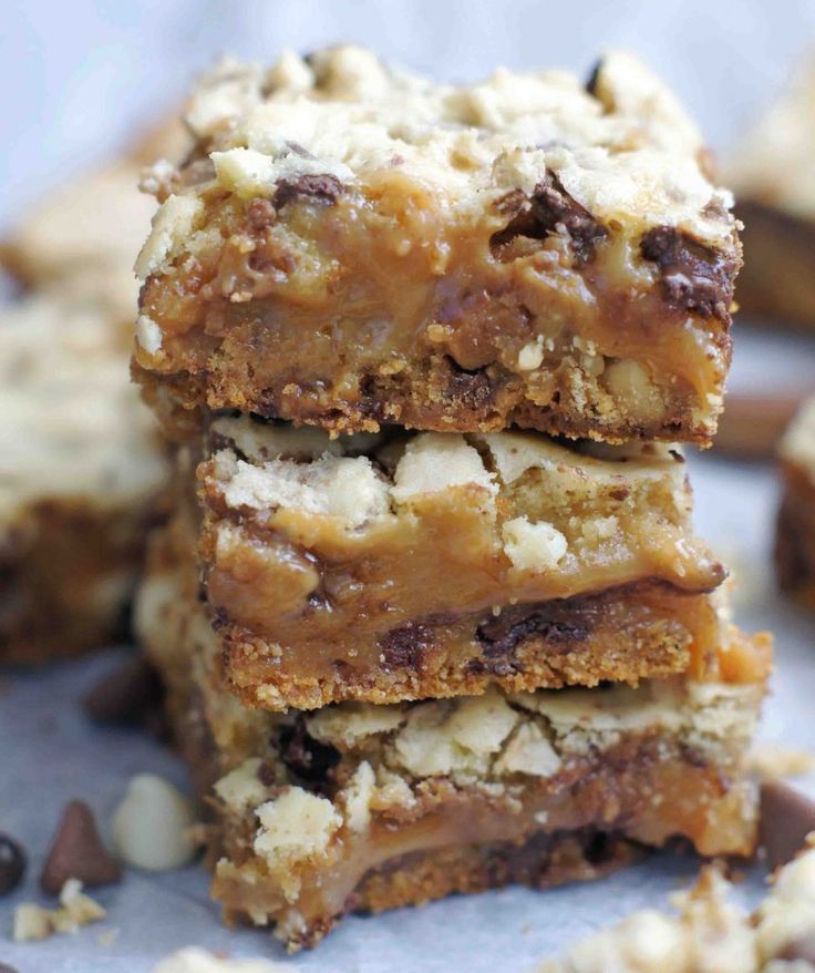 three pieces of cookie bars stacked on top of each other