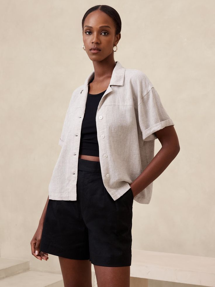 Linen-Blend Shirt | Banana Republic Factory Linen Vacation Tops With Placket, Effortless Spread Collar Top For Summer, Casual Flax Button-up Shirt, Summer Workwear Tops In Flax Color, Casual Flax Color Top With Spread Collar, Classic Linen Shirt For Day Out, Casual Flax-colored Top With Spread Collar, Everyday Summer Blouse With Placket, Casual Flax Top With Spread Collar