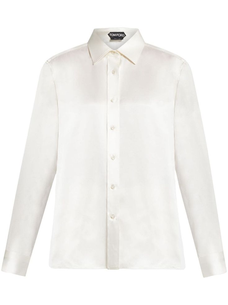 white silk classic collar front button fastening long sleeves buttoned cuffs straight hem Versace Outfit, Yoko London, White Silk, Lady Dior, Silk Shirt, Coat Dress, Shirt White, Tom Ford, All Fashion