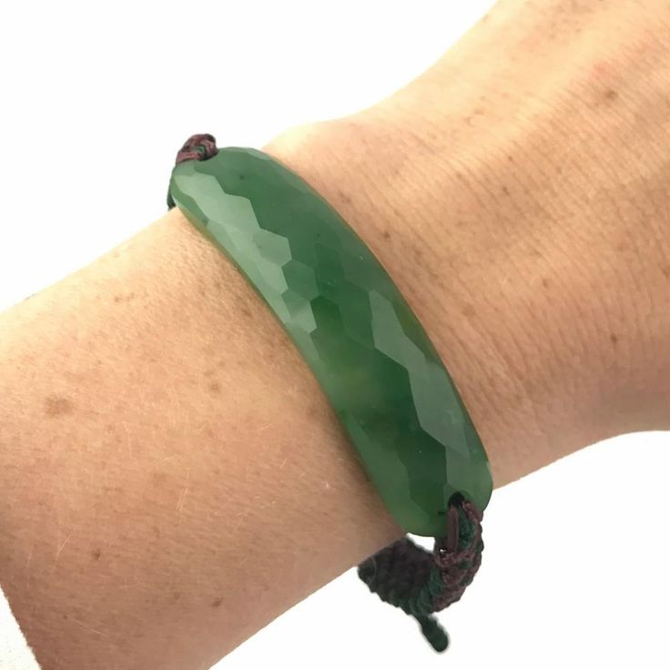 Striking Dark Green Canadian Jade Faceted Bracelet, corded with macramé cord with an adjustable closure. Adjust from 6" to 8" Jade Charm, Jade Bangle, Jade Earrings, Nephrite Jade, Jade Ring, Cord Bracelet, Jade Bracelet, Jade Carving, Macrame Cord