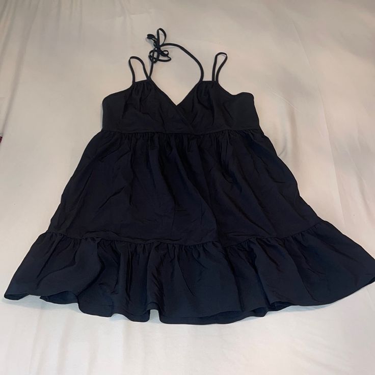 Never Worn Black Ruffled Sundress For Spring, Black Mini Sundress With Ruffles, Spring Black Cotton Mini Dress, Black Cotton Mini Dress For Spring, Black Ruffled Mini Sundress, Black V-neck Mini Dress For Summer, Black Cotton Dress For A Day Out, Black Mini-length Summer Dress, Black Mini Length Summer Dress