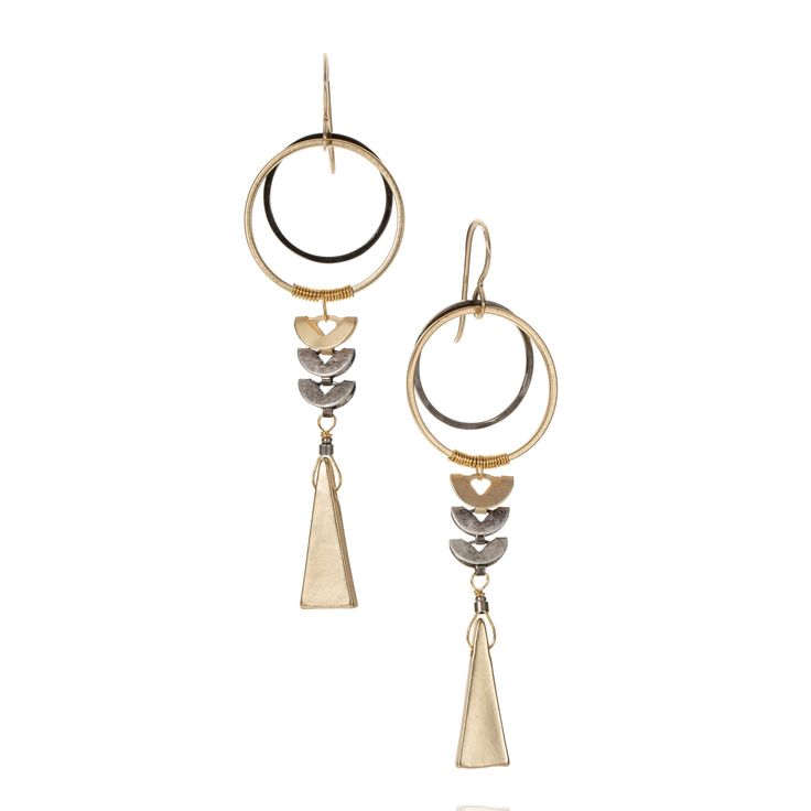 Metal Earrings - Architectural design inspired by the gold jewelry and decorative aesthetic of ancient Egypt. Two overlapping circles suspend the lower elements with a signature wire wrapping technique.  A set of three unique and custom designed semi-circle shapes form a linear capstone to the elongated triangle that balances out the design for a captivating look. French hook-style ear wires. Nickel-free components. Contemporary Teardrop Metal Jewelry, Elegant Brass Hoop Earrings With Oxidized Finish, Elegant Oxidized Brass Hoop Earrings, Yellow Gold Metal Chandelier Earrings, Elegant Gold Hoop Earrings With Oxidized Finish, Modern Metal Hoop Earrings With Oxidized Finish, Modern Oxidized Metal Hoop Earrings, Gold Fusion Earrings With Oxidized Finish, Modern Bronze Metal Earrings