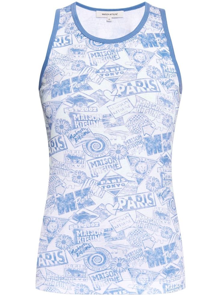 cornflower blue/white cotton jersey texture all-over logo print contrasting trim scoop neck sleeveless straight hem Surf Collage, White Blue Dress, Versace Outfit, Contrasting Trim, Yoko London, City Dress, Airport Fashion, Summer Beach Wear, Cotton Tank Top