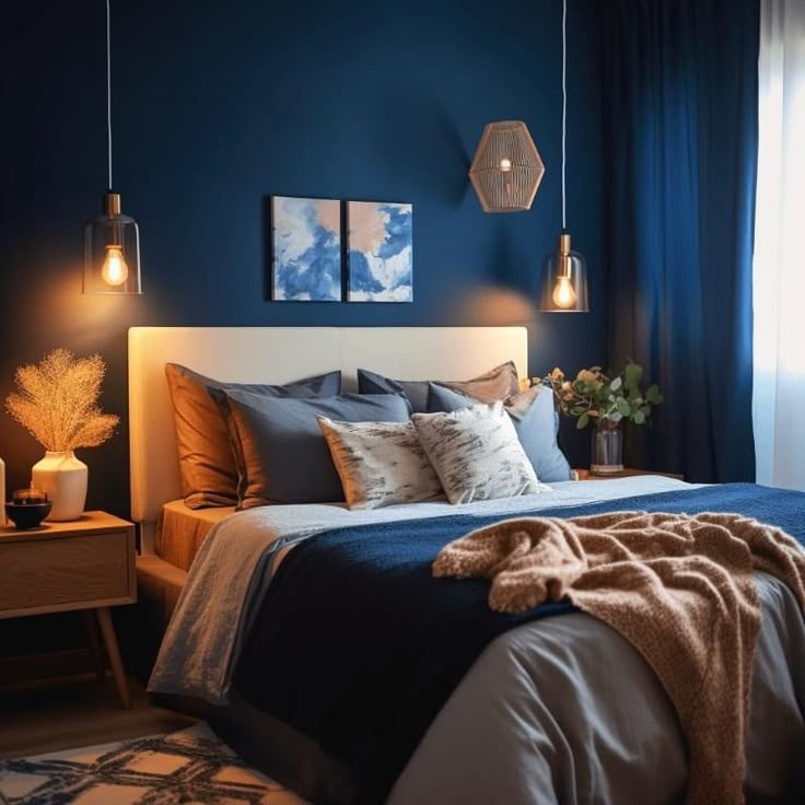 a bedroom with blue walls and white bedding