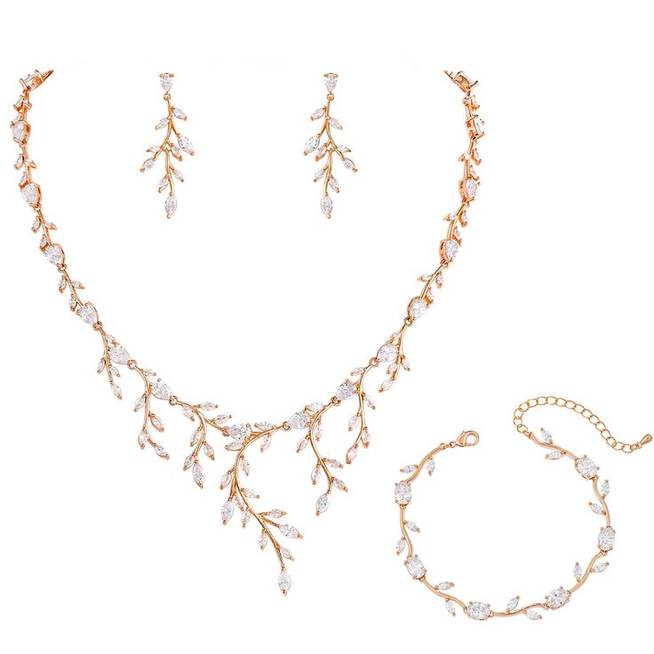 PRICES MAY VARY. The bridal wedding jewelry set, inlaid with clear shining marquise teardrop cubic zirconia, is shiny and eye-catching Necklace Length: about 43cm (16.9") + 5cm (2.0") extension chain. Earring Size: about 0.66" by 1.77" Bracelet Length: about 17.5cm(6.9") - 22.5cm(8.9"). Lobster clasp design, you can easily to adjust bracelets length by yourself, suitable for all women and girls Cubic Zirconia (CZ) is an affordable, conflict-free alternative to diamond that reveals brilliant shin Rose Gold Jewelry Set, Gold Jewelry Prom, Rose Gold Bridal Jewelry, Gold Costume Jewelry, Gold Necklace Wedding, Rose Gold Accessories, Rose Gold Wedding Jewelry, Bride Jewelry Set, Rhinestone Jewelry Set