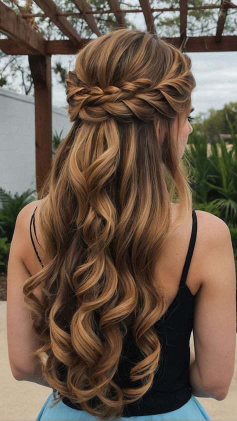 Half Pony Hairstyles, Grad Hairstyles, Curly Updos, Cute Prom Hairstyles, Rambut Brunette, Formal Hairstyles For Long Hair, Long Brunette Hair, Simple Prom Hair, Beautiful Brunette