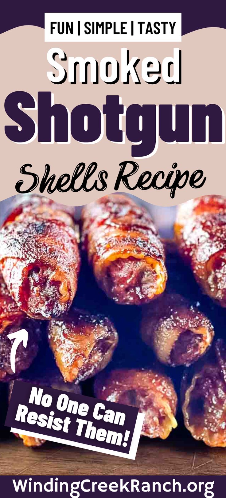 an advertisement for smoked shotgun shells recipe with bacon wrapped around them and the words, fun simple tasty smoked shotgun shells recipe no one can resist them