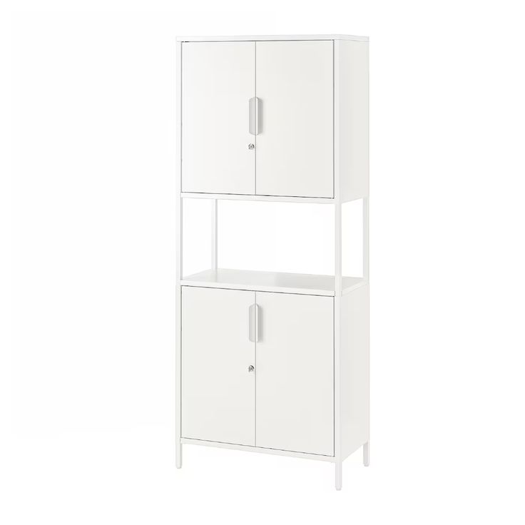 a tall white cabinet with two doors on the front and one door open to reveal a cupboard