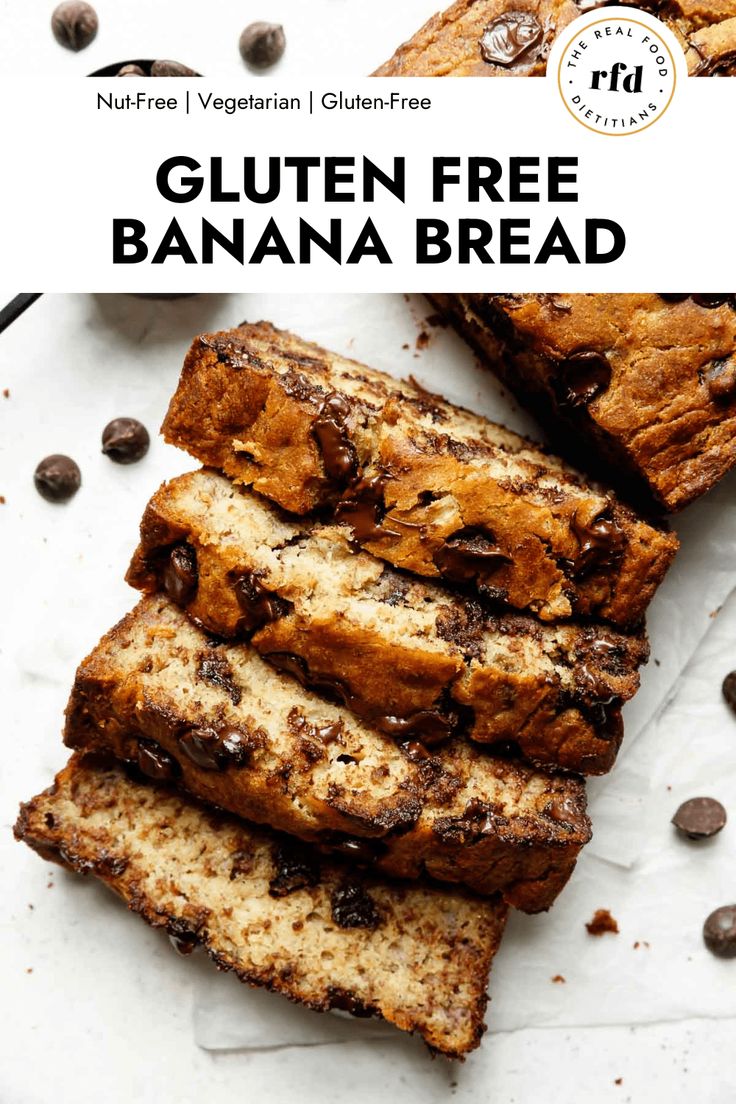 gluten free banana bread with chocolate chips on the side and text overlay