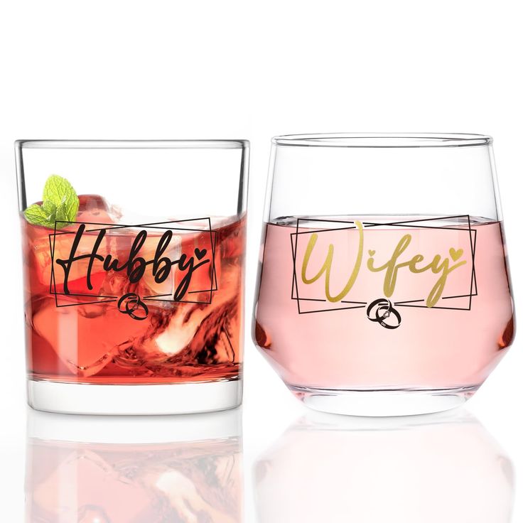 two glasses filled with different types of drinks and the words happy written on each glass