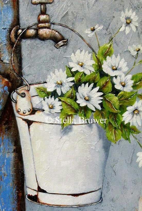 a painting of white flowers in a bucket hanging on a wall with a faucet