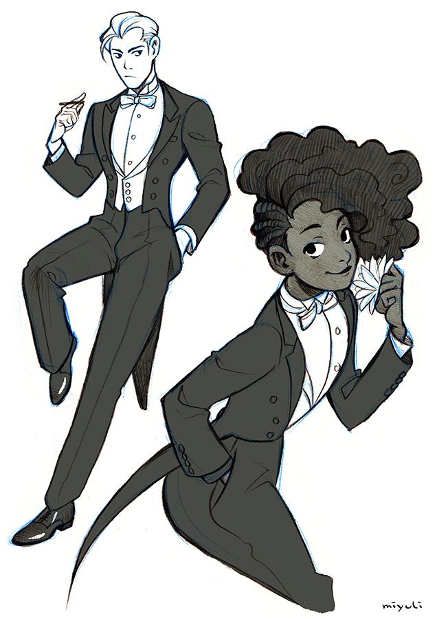 an animated drawing of two people dressed in suits and tuxedos, one with curly hair