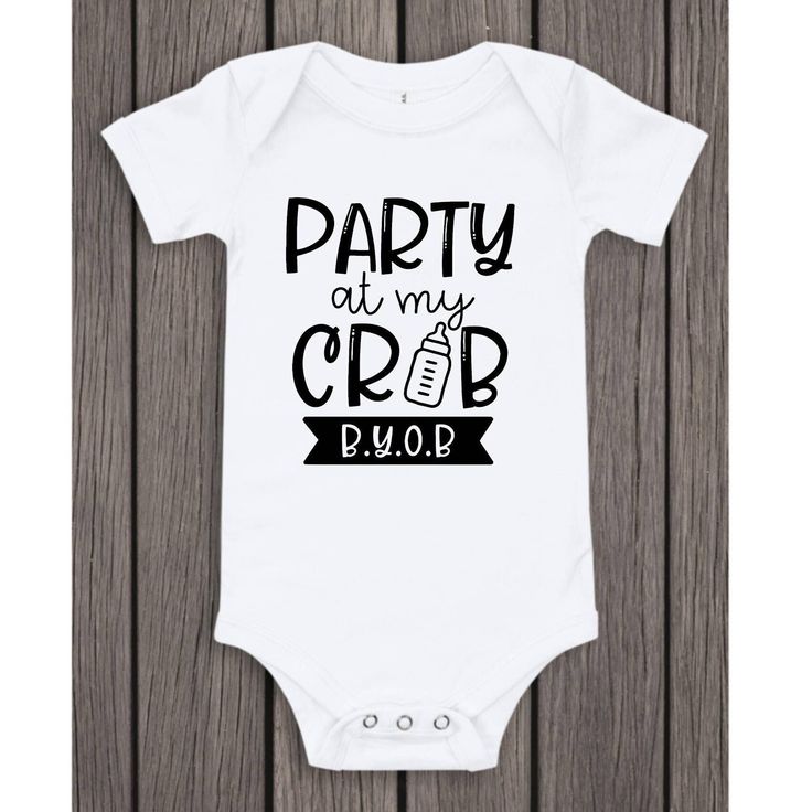 Party At My Crib B.Y.O.B. baby bodysuit makes a fun baby gift. I'm sure the expecting parents will think it's hilarious.  Includes:  * 1 short sleeve white baby bodysuit with a hand with "Party At My Crib B.Y.O.B." made in your color choice of htv vinyl. The primary color will be your htv vinyl.  * Packaged nicely in a cellophane bag. Ready to gift. Grab a matching bib to complete your baby gift here; https://cornerstorkbakery.etsy.com/listing/1437781464 Birthday Onesie With Funny Text, Funny Onesie For Gender Reveal With Text, Funny Text Onesie For Gender Reveal, Funny Gender Reveal Onesie With Letter Print, Funny Letter Print Onesie For Gender Reveal, Baby Onesie Gift, Funny Baby Shower Gifts, Funny Baby Gifts, Newborn Baby Boy Outfit