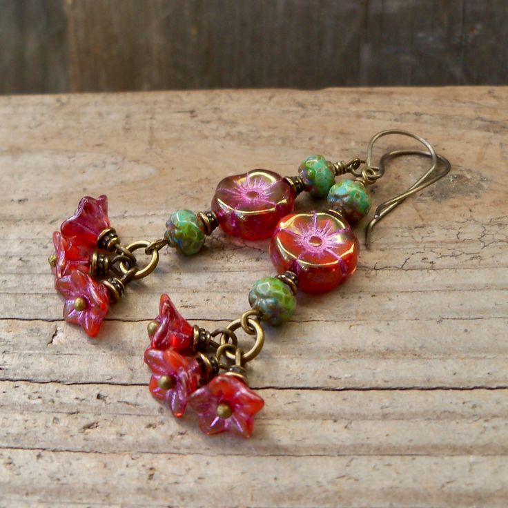 Nickel-free Czech Glass Flower Dangle Earrings, Nickel-free Czech Glass Flower Earrings, Nickel-free Czech Glass Dangle Earrings, Nickel-free Czech Glass Flower Jewelry, Czech Glass Dangle Flower Earrings With Ear Wire, Bohemian Czech Glass Dangle Flower Earrings, Whimsical Czech Glass Jewelry Set With Earrings, Vintage Flower Charm Dangle Earrings, Czech Glass Flower Earrings With Flower Charm