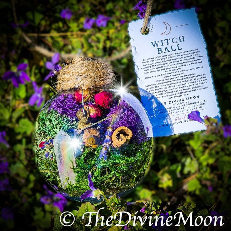 a glass ornament hanging from a tree filled with purple flowers and plants next to a witch's ball