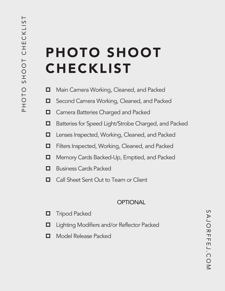 the photographer's checklist is shown in black and white, with text on it