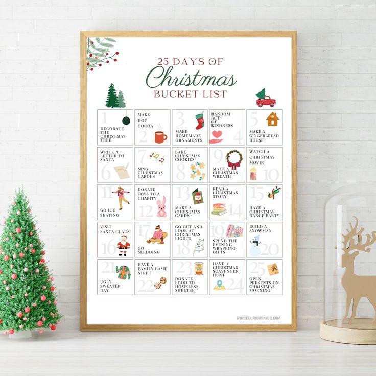 a printable christmas bucket list on a shelf next to a small tree and other decorations