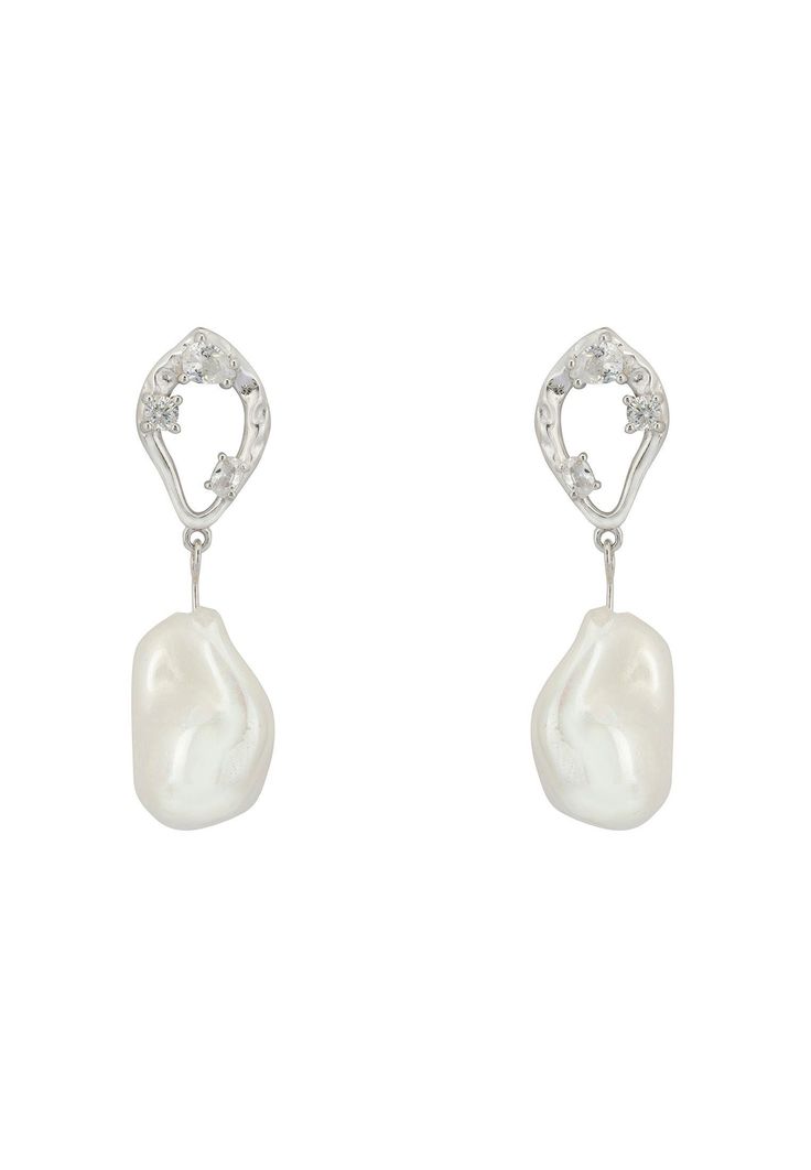 Embrace timeless grace with our Silver Midsummer Baroque Pearl Drop Earrings, where simplicity meets splendour. Crafted from the finest 925 sterling silver, these earrings present an allure that's both classic and contemporary.  The centrepiece is the ethereal Baroque pearl, each with its unique shape, telling its own story. The earring tops bloom in an organic form, adorned with strategically placed zirconia that sparkles with every turn, mirroring the stars in the night sky. With dimensions of Timeless Sterling Silver Pearl Earrings, White Gold Pear-shaped Evening Earrings, Elegant Pear-shaped White Gold Earrings For Evening, Refined Sterling Silver Earrings For Formal Occasions, Sterling Silver Teardrop Pearl Earrings For Evening, Timeless Drop Sterling Silver Earrings, Classic Single Sterling Silver Pearl Earring, Timeless Sterling Silver Bridal Earrings For Formal Occasions, Formal Sterling Silver Pearl Earrings