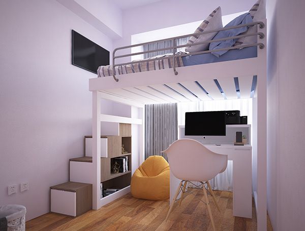 a bedroom with a loft bed, desk and computer on the top bunk next to it