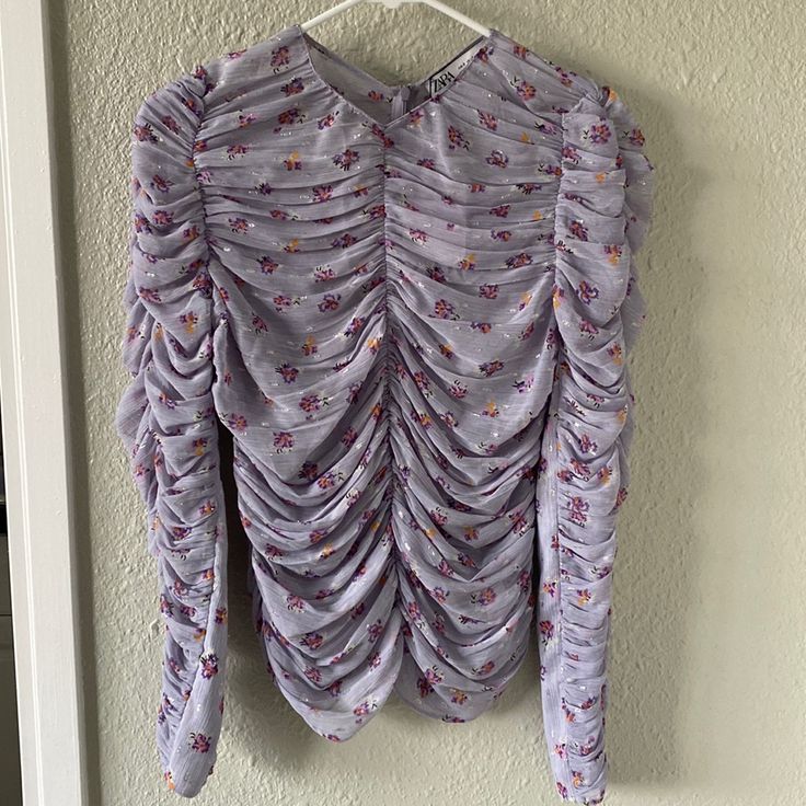 Brand New With Tags! Size Small Sheer Floral Ruched Top Perfect For This Upcoming Spring! Zara Lavender Spring Tops, Zara Lavender Tops For Spring, Spring Purple Ruched Tops, Fitted Purple Zara Blouse, Purple Ruched Tops For Spring, Zara Purple Floral Print Tops, White Ribbed Top, Black Mesh Crop Top, Orange Long Sleeve Shirt