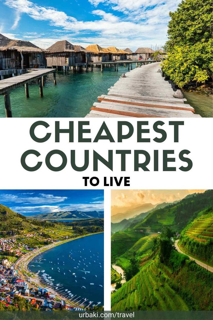 the cover of cheapest countries to live by mark commravel, with images of houses and water