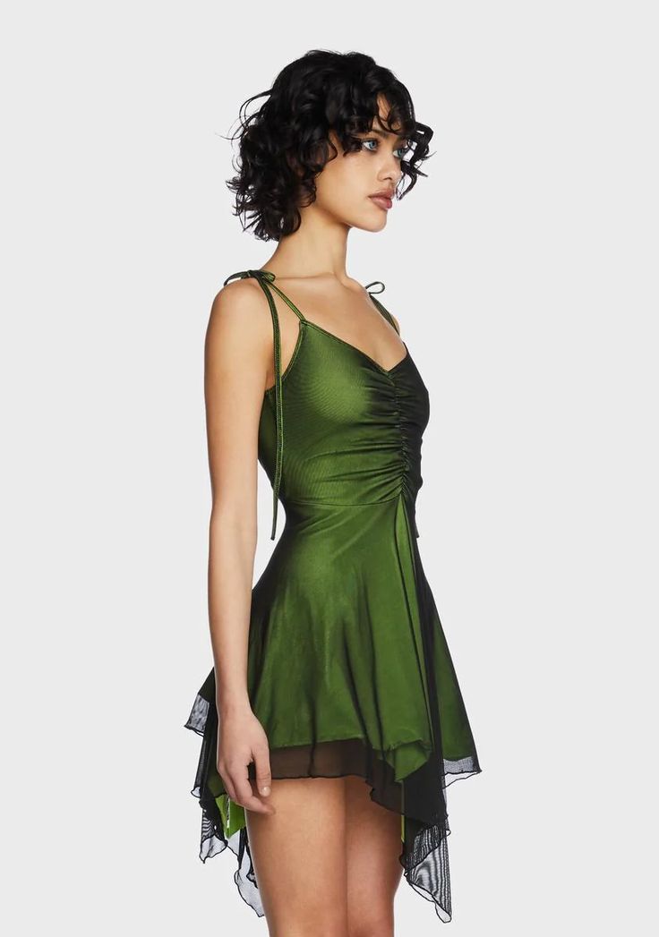 Current Mood Asymmetric Handkerchief Mini Dress - Green – Dolls Kill Fairy Core Mini Dress, Little Green Dress, How To Style A Green Dress, Cute Green Dresses, Light Green Outfit, Green Mesh Dress, Green Dress Aesthetic, Mini Green Dress, Tight Green Dress