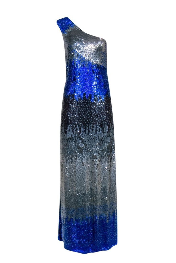 Current Boutique-Antik Batik - Blue & Silver Ombre Sequin Gown Sz S Blue Sequined Gown For Prom Season, Blue Summer Party Gown, Blue Sequined Gown For Gala, Blue Glamorous Sequin Dress For Summer, Blue Glamorous Sequin Summer Dress, Blue Contrast Sequin Dress For Party Season, Festive Contrast Sequin Maxi Dress, Festive Sequined Gown For Night Out, Festive Sequined Night Out Gown