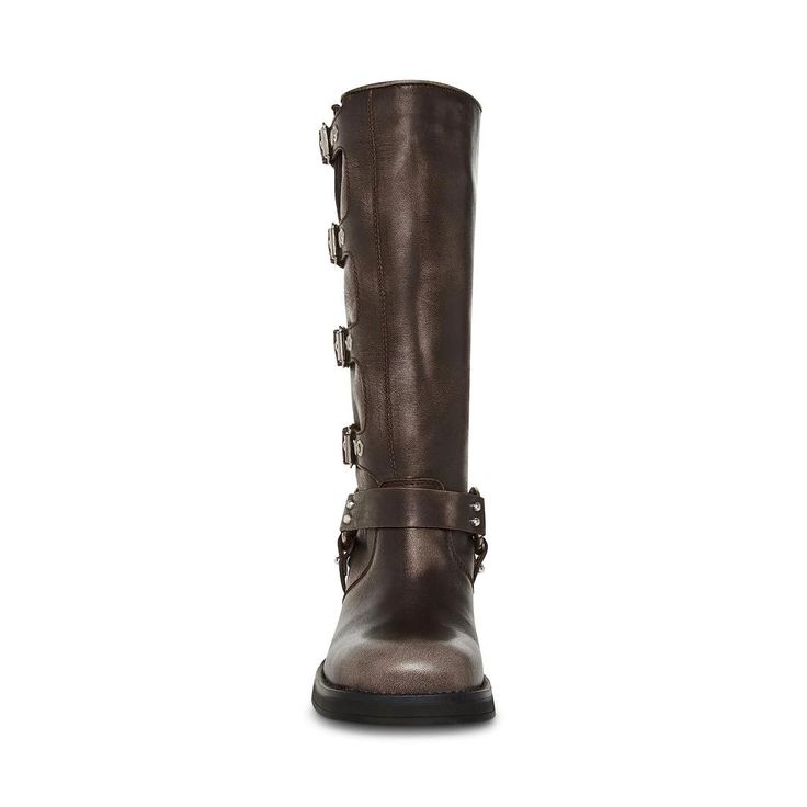 Accentuate an ultra-modern style as you step out wearing the chic Steve Madden® Brocks Boot..Leather upper..Textile lining..Synthetic footbed..Rounded square toe..Buckle detailing on the shaft..Pull-on style..Block heel..Synthetic midsole and outsole..Imported..Product measurements were taken using size 5.5, width M. Please note that measurements may vary by size..Measurements: Heel Height: 2 in Circumference: 13 1/2 in Shaft: 12 in Platform Height: 1/2 in Fitted Leather Moto Boots With Leather Lining, Trendy Fitted Leather Moto Boots, Trendy Leather Moto Boots, Chic Leather Moto Boots For Workwear, Elegant Leather Moto Boots For Fall, Elegant Fall Moto Boots With Leather Lining, Chic Leather Fitted Moto Boots, Chic Fitted Leather Moto Boots, Elegant Leather Moto Boots Medium Width