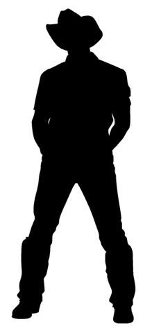 the silhouette of a man wearing a cowboy hat and jeans with his hands in his pockets