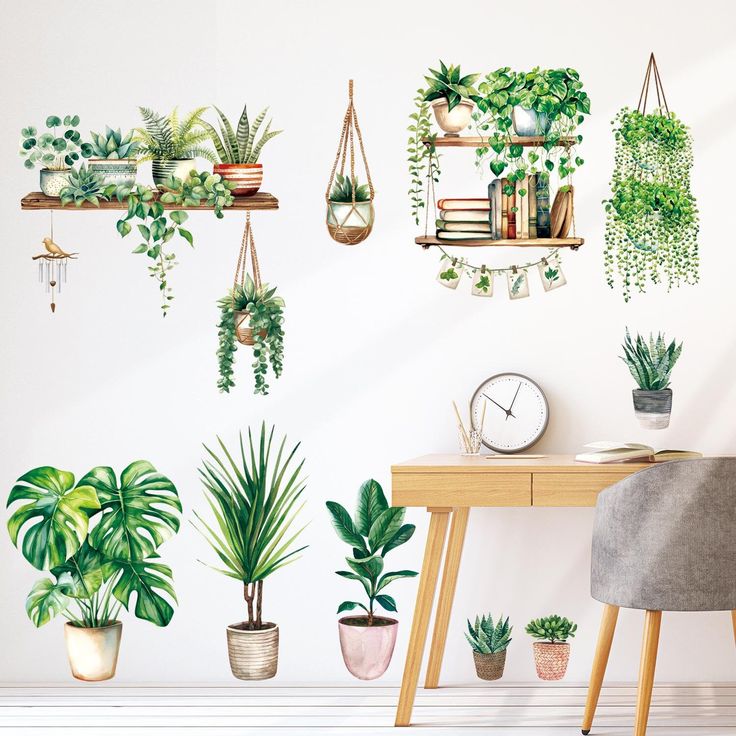 there are many plants on the wall in this room