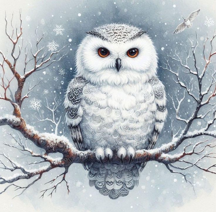 an owl sitting on top of a tree branch with snow falling all over the ground