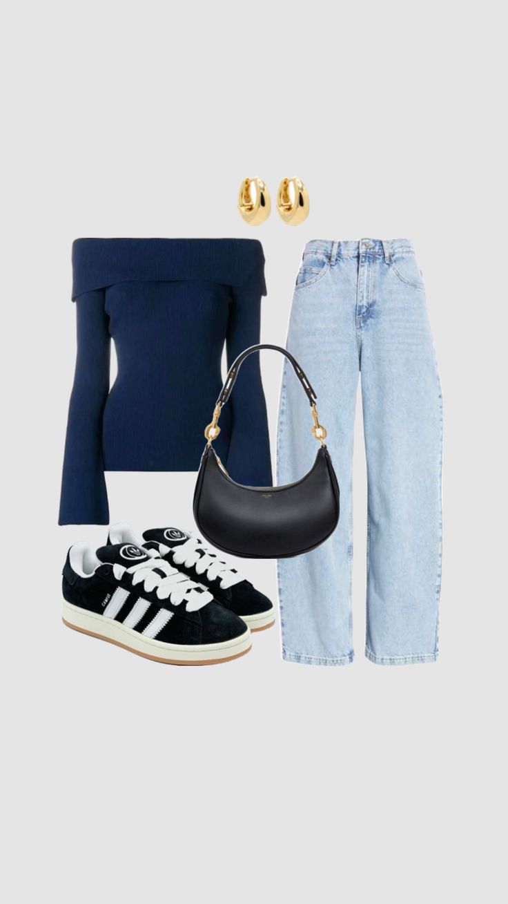 a pair of blue jeans, black and white shoes, an off the shoulder sweater, and a handbag