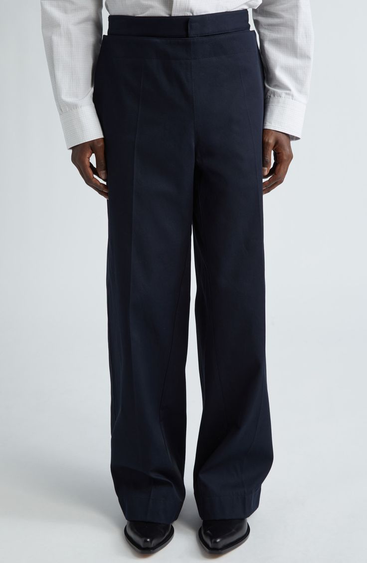 Classic straight-leg trousers in cotton twill are updated with a buttoned layer that's best worn folded down to add a pop of contrast and dimension to the look. 33 1/2" inseam; 22" leg opening; 11" front rise; 13 1/2" back rise (size 48) Zip fly with hook-and-bar closure Side-seam pockets; back patch pockets 100% cotton Dry clean Made in Italy Designer Clothing Tailored Cotton Wide Leg Pants, Tailored Full-length Cotton Wide Leg Pants, Tailored Full Length Cotton Wide Leg Pants, Navy Business Casual Bottoms With Straight Hem, Navy Bottoms For Business Casual With Straight Hem, Wide-leg Cotton Dress Pants For Work, Cotton Wide Leg Dress Pants For Business Casual, Cotton Wide Leg Pants With Straight Hem, Wide Leg Cotton Dress Pants For Work