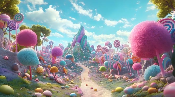 an artist's rendering of a candy land with lots of lollipops